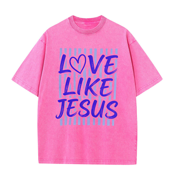 Christianartworkshop Liebe wie Jesus Herz Buchstaben Streifen Hintergrund Unisex gewaschenes T-Shirt - Rosa - 5XL - image 12