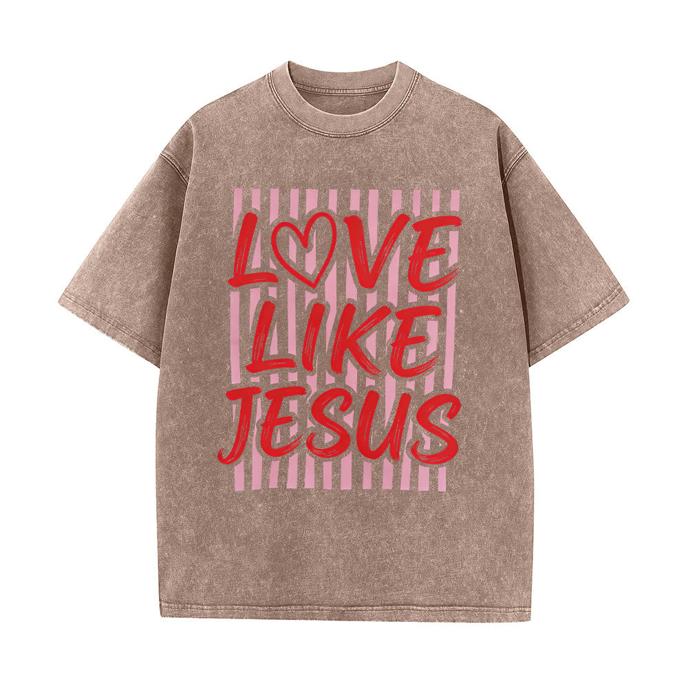 Christianartworkshop Liebe wie Jesus Herz Buchstaben Streifen Hintergrund Unisex gewaschenes T-Shirt - Braun - 5XL - image 10