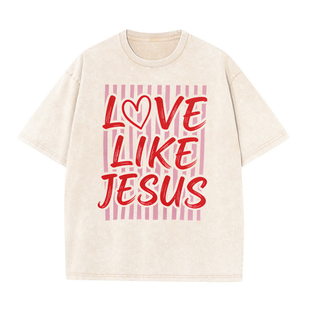 Christianartworkshop Liebe wie Jesus Herz Buchstaben Streifen Hintergrund Unisex gewaschenes T-Shirt - Beige - 5XL - image 11