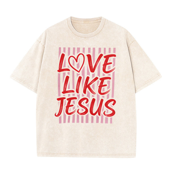 Christianartworkshop Liebe wie Jesus Herz Buchstaben Streifen Hintergrund Unisex gewaschenes T-Shirt - Beige - 5XL - image 11