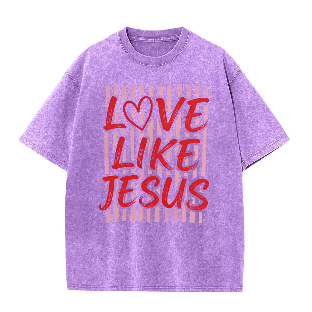 Christianartworkshop Liebe wie Jesus Herz Buchstaben Streifen Hintergrund Unisex gewaschenes T-Shirt - Lila - 5XL - image 0