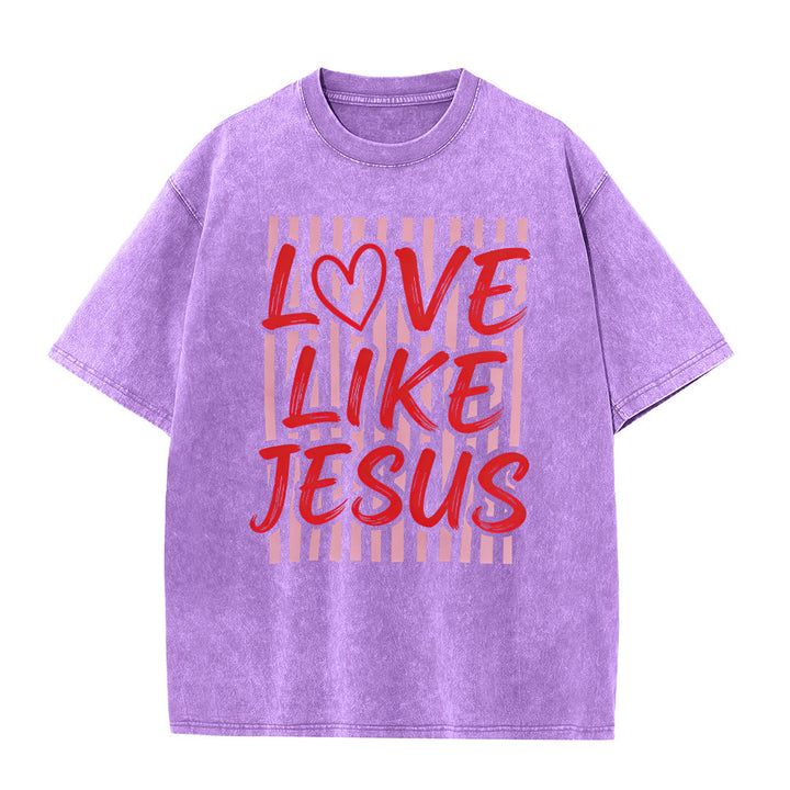 Christianartworkshop Liebe wie Jesus Herz Buchstaben Streifen Hintergrund Unisex gewaschenes T-Shirt - Lila - 5XL - image 0