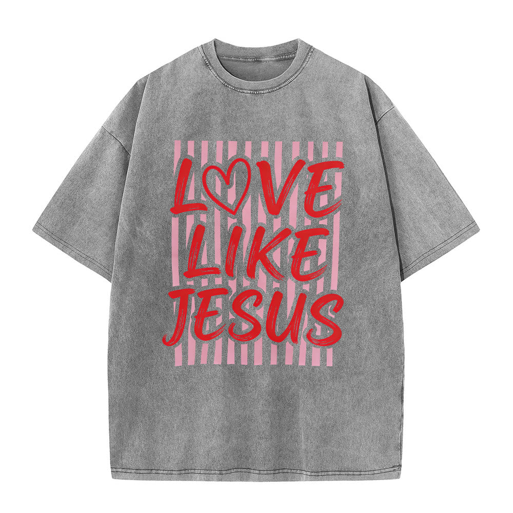 Christianartworkshop Liebe wie Jesus Herz Buchstaben Streifen Hintergrund Unisex gewaschenes T-Shirt - Grau - 5XL - image 2