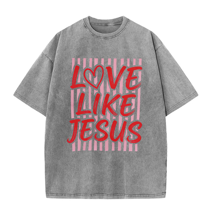 Christianartworkshop Liebe wie Jesus Herz Buchstaben Streifen Hintergrund Unisex gewaschenes T-Shirt - Grau - 5XL - image 2