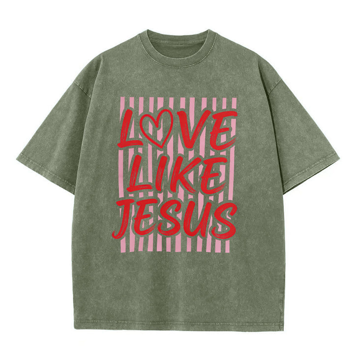 Christianartworkshop Liebe wie Jesus Herz Buchstaben Streifen Hintergrund Unisex gewaschenes T-Shirt - Armeegrün - 5XL - image 8