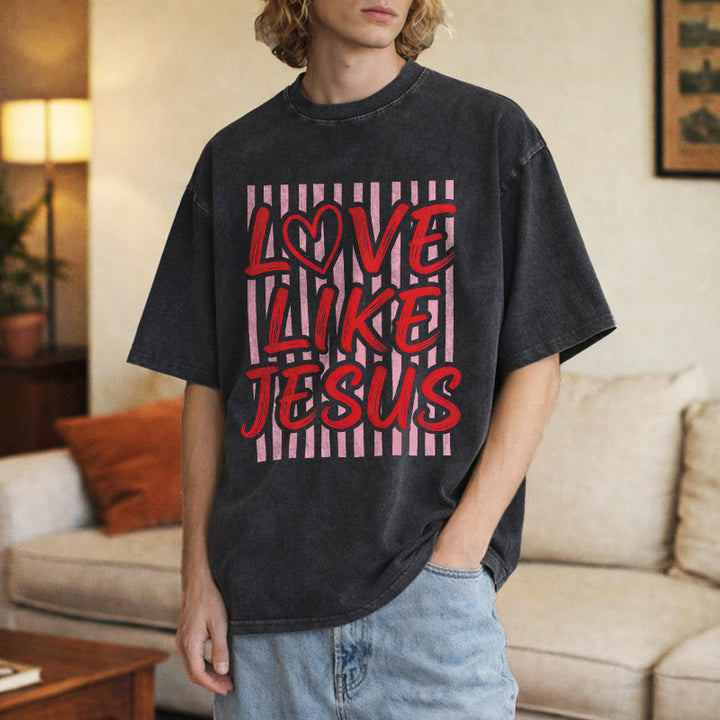 Christianartworkshop Liebe wie Jesus Herz Buchstaben Streifen Hintergrund Unisex gewaschenes T-Shirt - image 6