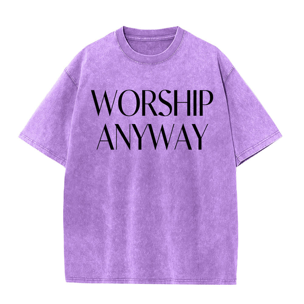 Christianartworkshop Worship Anyway Bold Serif Lettering Unisex Washed T-shirt - Lila - 5XL - image 1