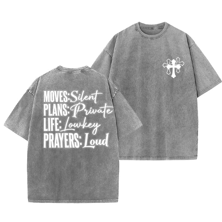 Christianartworkshop Moves Silent Prayers Loud Stylized Cross Mixed Lettering Unisex Washed T-shirt - Grau - 5XL - image 12