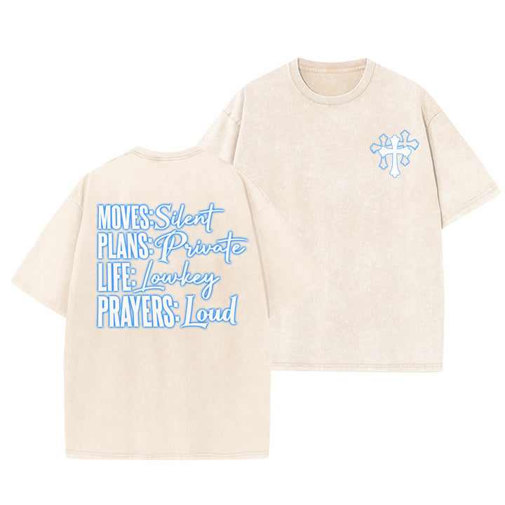 Christianartworkshop Bewegt Stille Gebete Lautes stilisiertes Kreuz Gemischte Schriftzüge Unisex Gewaschenes T-Shirt - Beige - 5XL - image 0