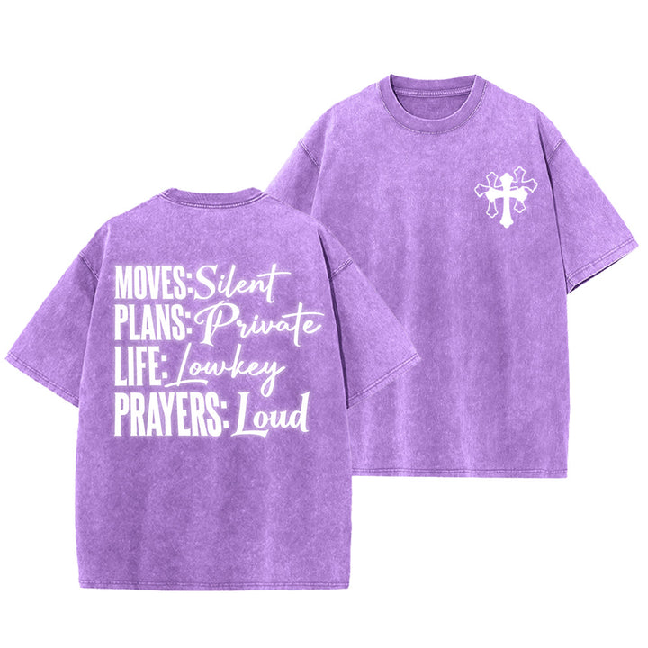 Christianartworkshop Moves Silent Prayers Loud Stylized Cross Mixed Lettering Unisex Washed T-shirt - Lila - 5XL - image 6