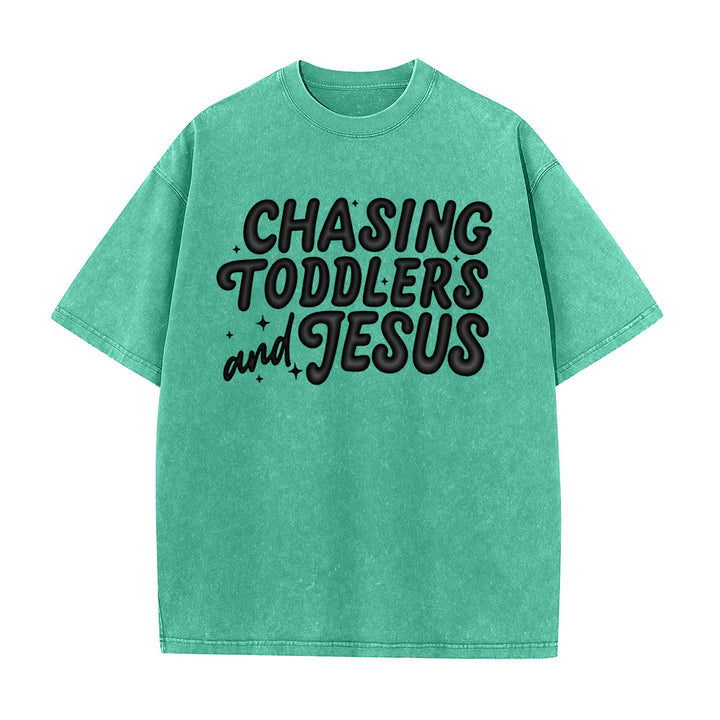 Christianartworkshop Chasing Toddlers and Jesus Bubble Letter Star Accent Unisex Washed T-Shirt - Grün - 5XL - image 12