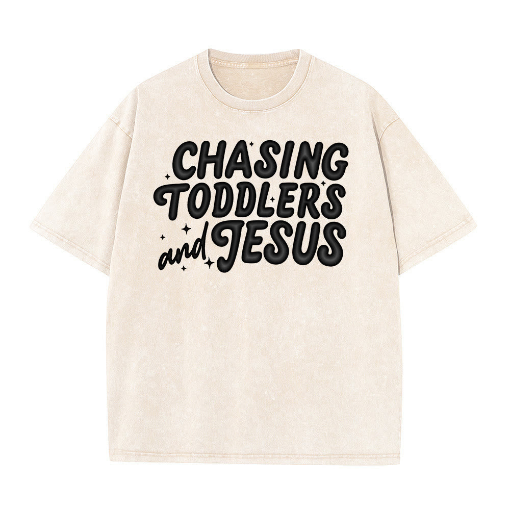 Christianartworkshop Chasing Toddlers and Jesus Bubble Letter Star Accent Unisex Washed T-Shirt - Beige - 5XL - image 1
