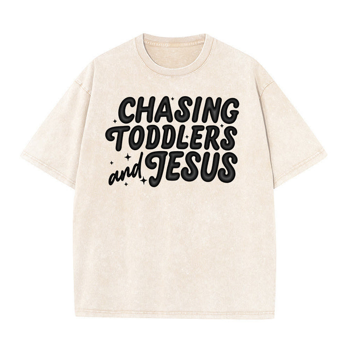 Christianartworkshop Chasing Toddlers and Jesus Bubble Letter Star Accent Unisex Washed T-Shirt - Beige - 5XL - image 1
