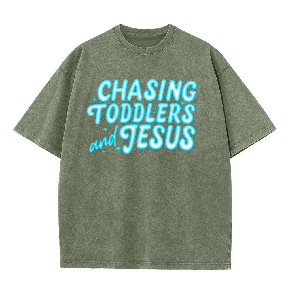 Christianartworkshop Chasing Toddlers and Jesus Bubble Letter Star Accent Unisex Washed T-Shirt - Armeegrün - 5XL - image 11