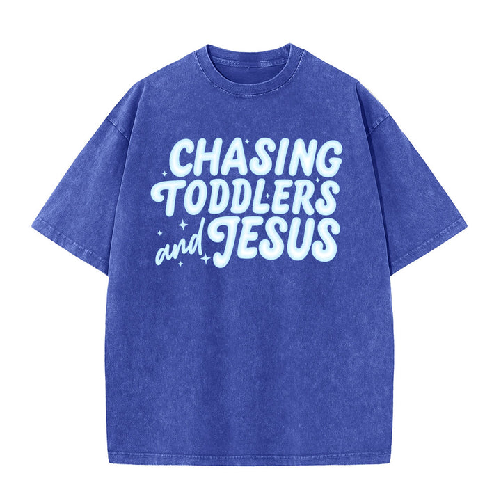 Christianartworkshop Chasing Toddlers and Jesus Bubble Letter Star Accent Unisex Washed T-Shirt - Blau - 5XL - image 4