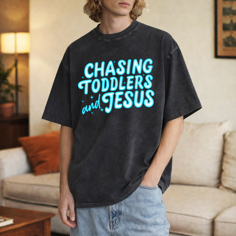 Christianartworkshop Chasing Toddlers and Jesus Bubble Letter Star Accent Unisex Washed T-Shirt - image 9