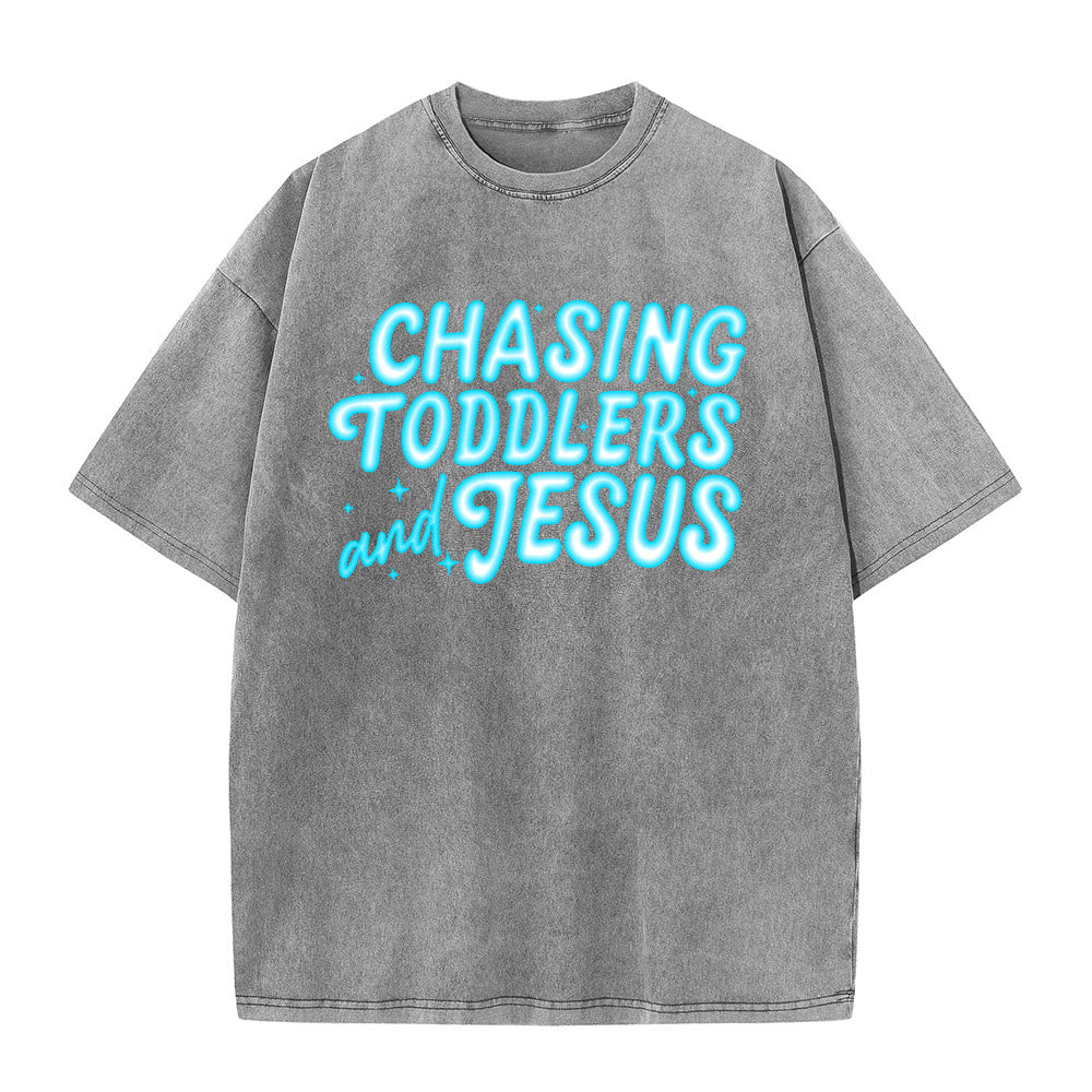 Christianartworkshop Chasing Toddlers and Jesus Bubble Letter Star Accent Unisex Washed T-Shirt - Grau - 5XL - image 5