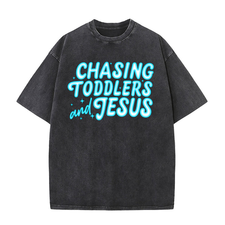 Christianartworkshop Chasing Toddlers and Jesus Bubble Letter Star Accent Unisex Washed T-Shirt - Schwarz - 5XL - image 6