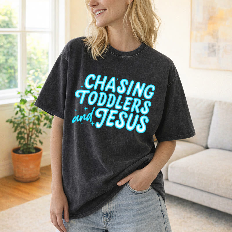 Christianartworkshop Chasing Toddlers and Jesus Bubble Letter Star Accent Unisex Washed T-Shirt - image 7