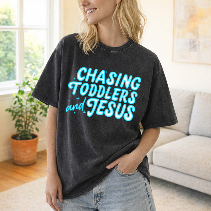 Christianartworkshop Chasing Toddlers and Jesus Bubble Letter Star Accent Unisex Washed T-Shirt - image 7