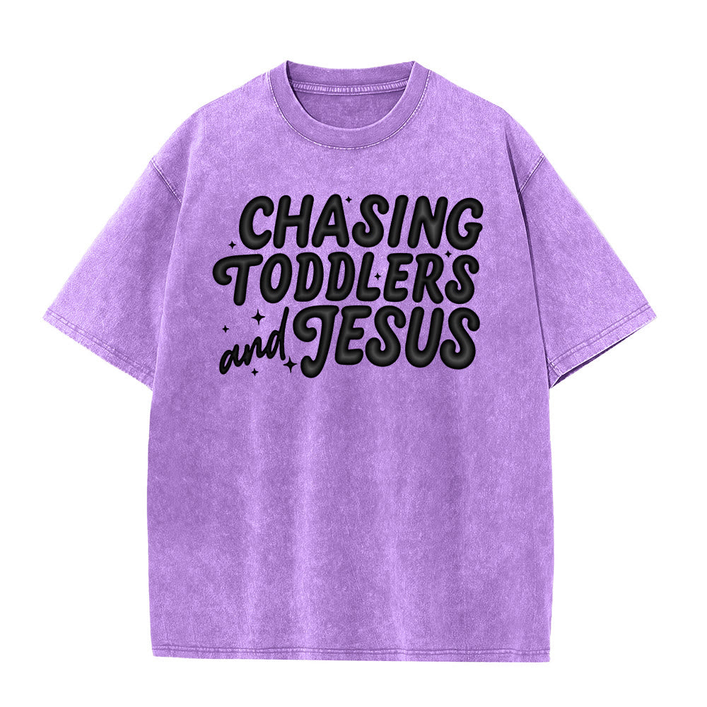 Christianartworkshop Chasing Toddlers and Jesus Bubble Letter Star Accent Unisex Washed T-Shirt - Lila - 5XL - image 3