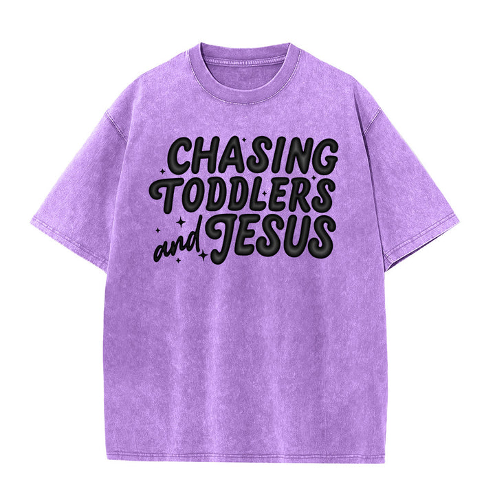 Christianartworkshop Chasing Toddlers and Jesus Bubble Letter Star Accent Unisex Washed T-Shirt - Lila - 5XL - image 3