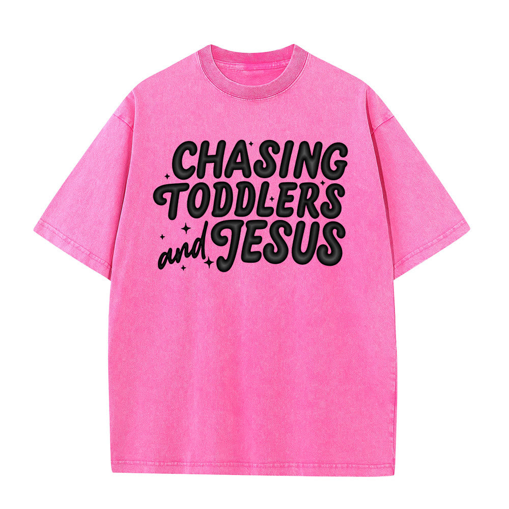 Christianartworkshop Chasing Toddlers and Jesus Bubble Letter Star Accent Unisex Washed T-Shirt - Rosa - 5XL - image 2