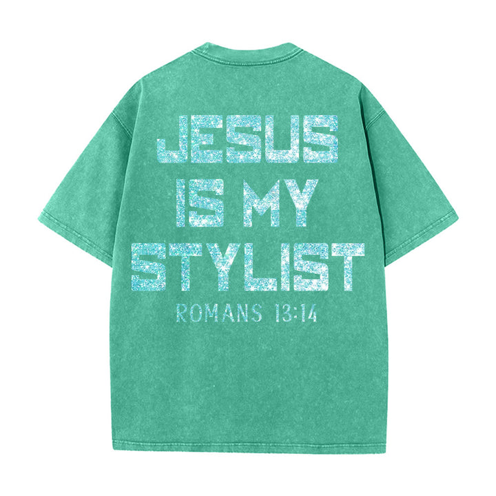 Christianartworkshop Jesus Is My Stylist Römer 13:14 Glitzerbuchstabe Rosenkreuz Unisex-T-Shirt (vorgewaschen) - image 2