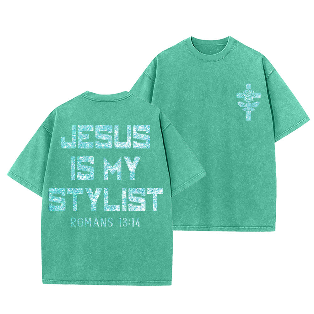Christianartworkshop Jesus Is My Stylist Römer 13:14 Glitzerbuchstabe Rosenkreuz Unisex-T-Shirt (vorgewaschen) - Grün - 5XL - image 0