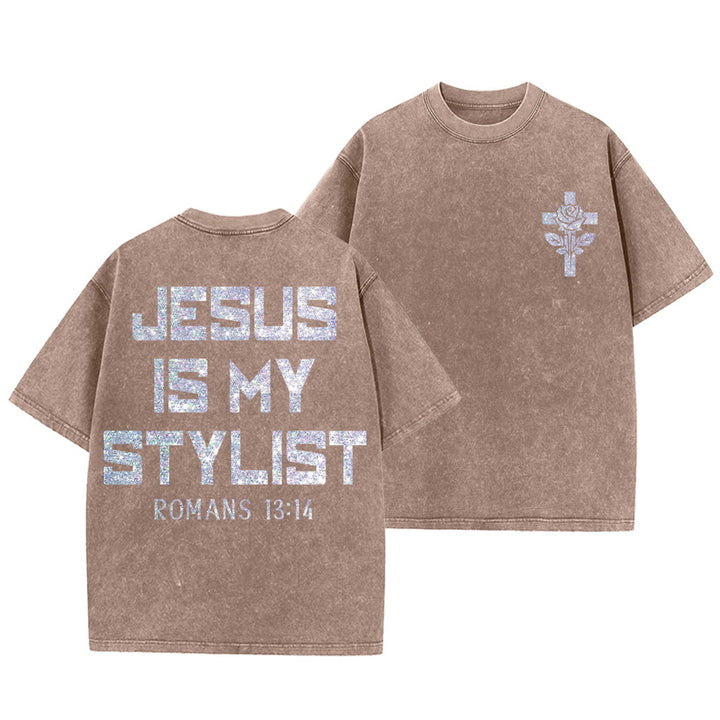 Christianartworkshop Jesus Is My Stylist Römer 13:14 Glitzerbuchstabe Rosenkreuz Unisex-T-Shirt (vorgewaschen) - Braun - 5XL - image 3