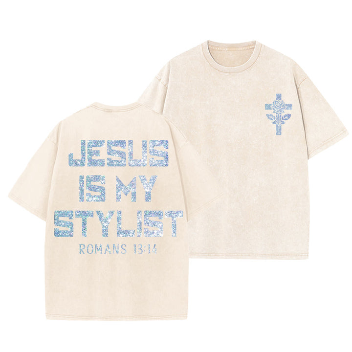 Christianartworkshop Jesus Is My Stylist Römer 13:14 Glitzerbuchstabe Rosenkreuz Unisex-T-Shirt (vorgewaschen) - Beige - 5XL - image 6