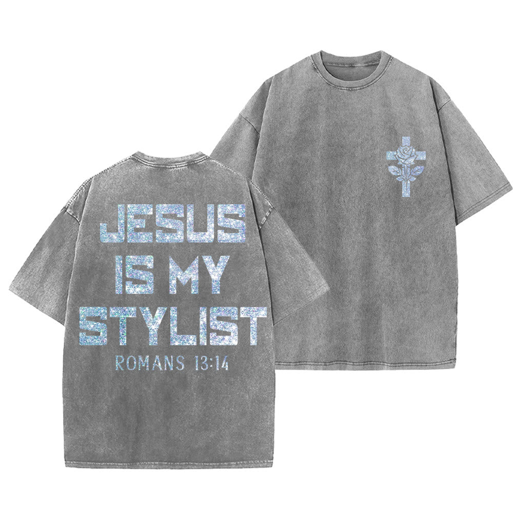 Christianartworkshop Jesus Is My Stylist Römer 13:14 Glitzerbuchstabe Rosenkreuz Unisex-T-Shirt (vorgewaschen) - Grau - 5XL - image 18