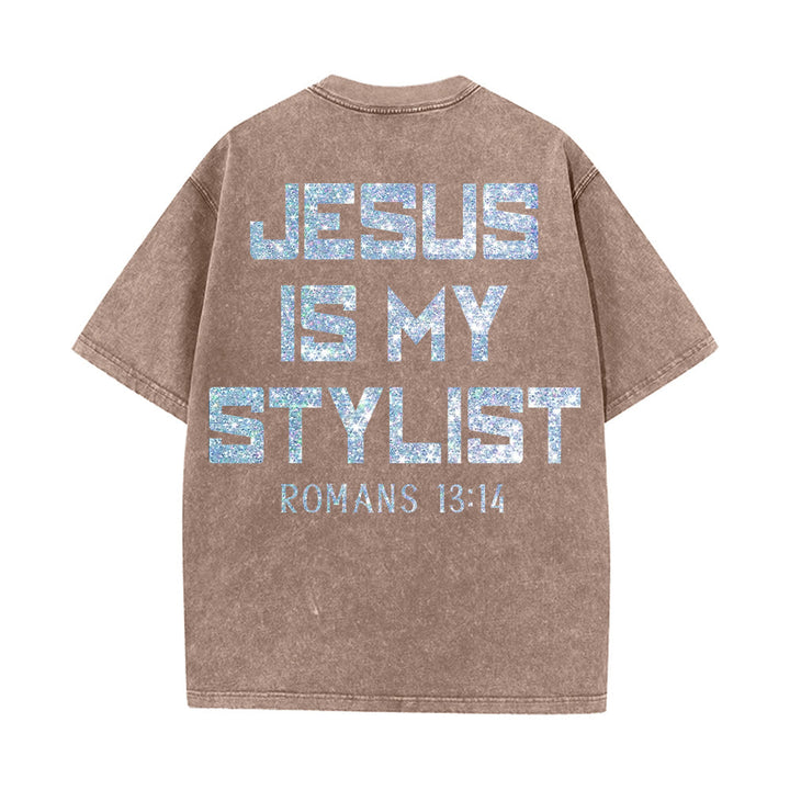 Christianartworkshop Jesus Is My Stylist Römer 13:14 Glitzerbuchstabe Rosenkreuz Unisex-T-Shirt (vorgewaschen) - image 5