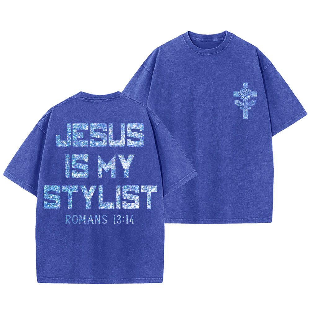 Christianartworkshop Jesus Is My Stylist Römer 13:14 Glitzerbuchstabe Rosenkreuz Unisex-T-Shirt (vorgewaschen) - Blau - 5XL - image 15