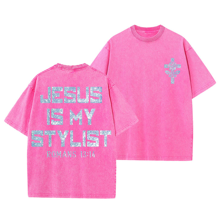 Christianartworkshop Jesus Is My Stylist Römer 13:14 Glitzerbuchstabe Rosenkreuz Unisex-T-Shirt (vorgewaschen) - Rosa - 5XL - image 9