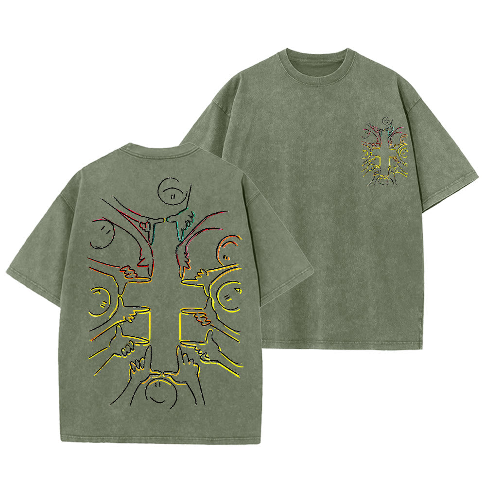 Christianartworkshop Einheitskreuz Menschliche Figur Linienkunst Unisex Gewaschenes T-Shirt - Armeegrün - 5XL - image 0