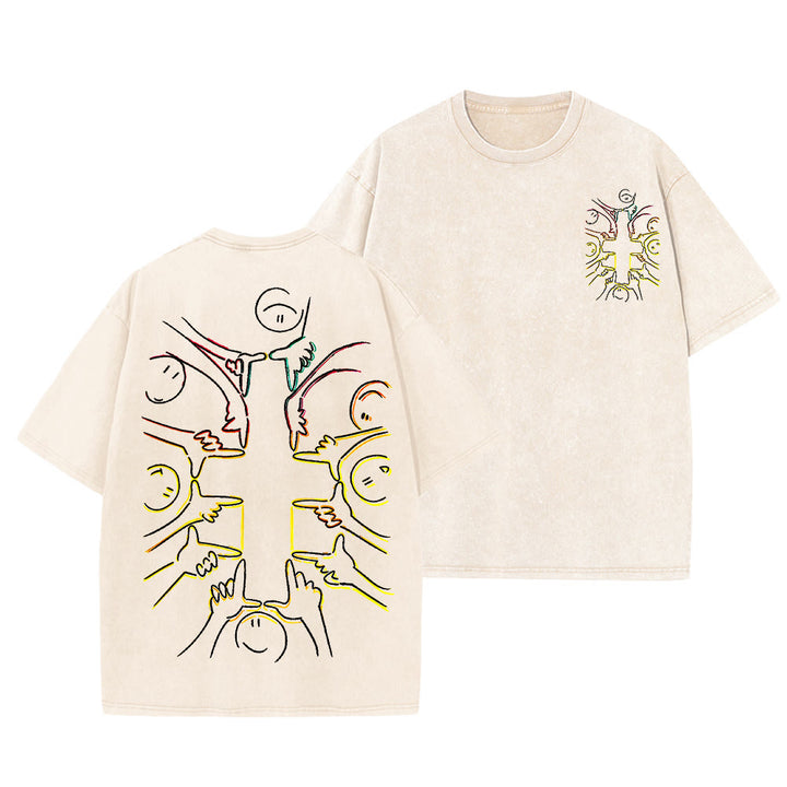 Christianartworkshop Einheitskreuz Menschliche Figur Linienkunst Unisex Gewaschenes T-Shirt - Beige - 5XL - image 9