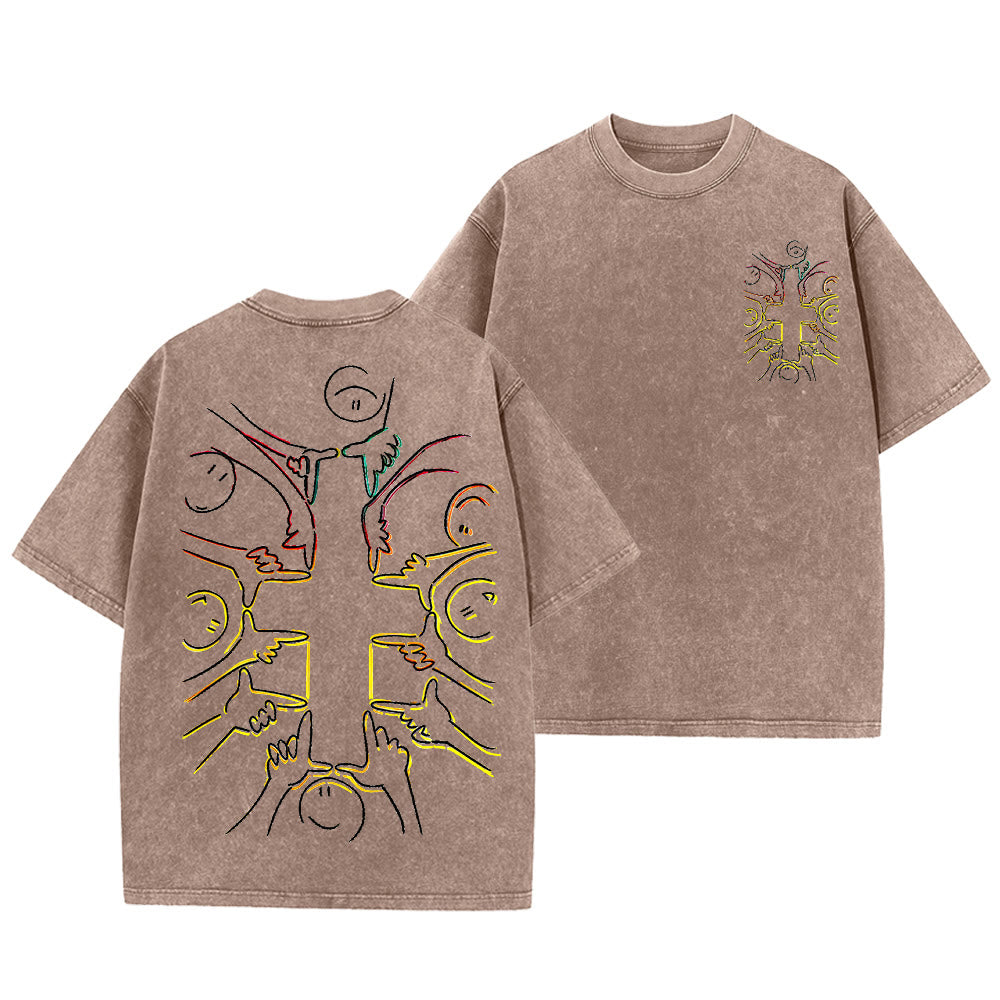 Christianartworkshop Einheitskreuz Menschliche Figur Linienkunst Unisex Gewaschenes T-Shirt - Braun - 5XL - image 6