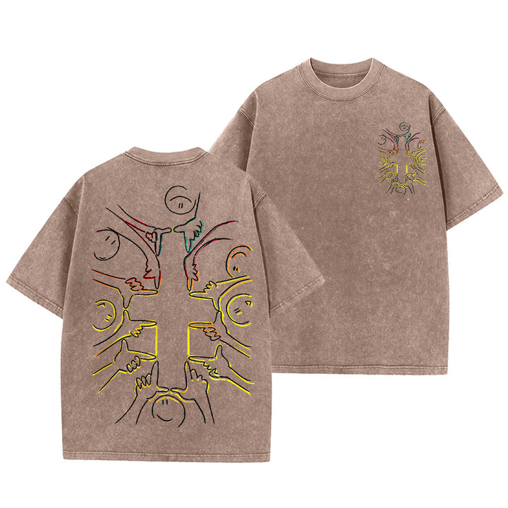 Christianartworkshop Einheitskreuz Menschliche Figur Linienkunst Unisex Gewaschenes T-Shirt - Braun - 5XL - image 6