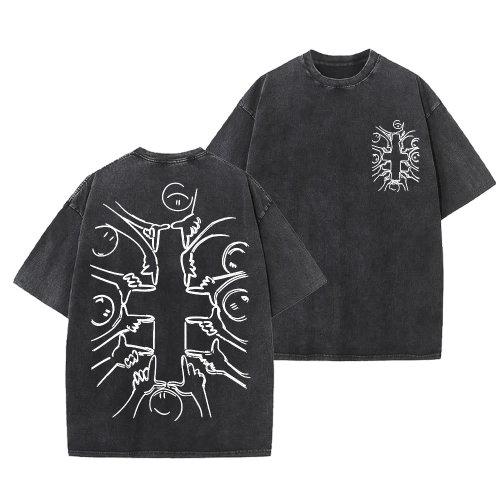 Christianartworkshop Einheitskreuz Menschliche Figur Linienkunst Unisex Gewaschenes T-Shirt - Schwarz - 5XL - image 24