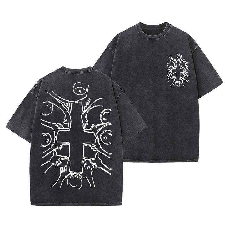 Christianartworkshop Einheitskreuz Menschliche Figur Linienkunst Unisex Gewaschenes T-Shirt - Schwarz - 5XL - image 24