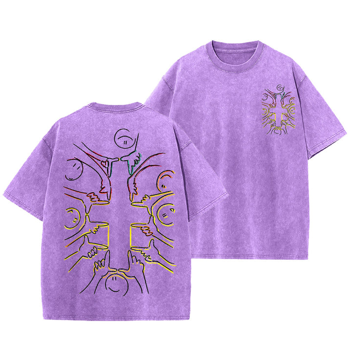 Christianartworkshop Einheitskreuz Menschliche Figur Linienkunst Unisex Gewaschenes T-Shirt - Lila - 5XL - image 15