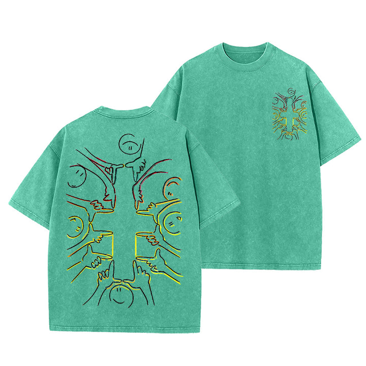 Christianartworkshop Einheitskreuz Menschliche Figur Linienkunst Unisex Gewaschenes T-Shirt - Grün - 5XL - image 3