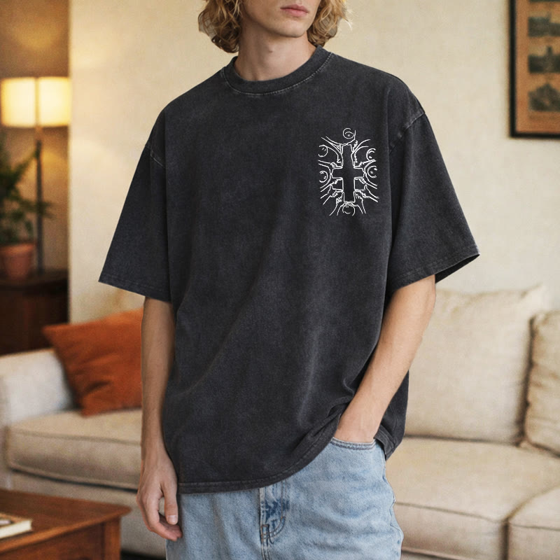 Christianartworkshop Einheitskreuz Menschliche Figur Linienkunst Unisex Gewaschenes T-Shirt - image 27