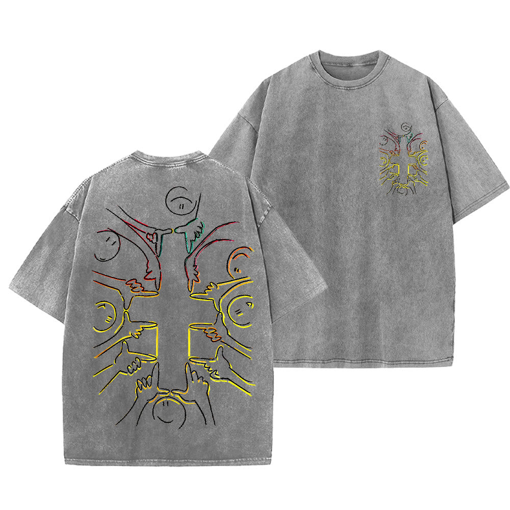 Christianartworkshop Einheitskreuz Menschliche Figur Linienkunst Unisex Gewaschenes T-Shirt - Grau - 5XL - image 21