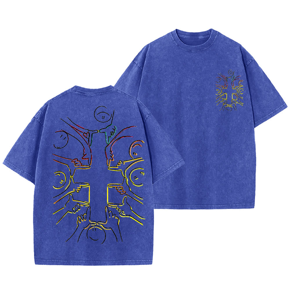 Christianartworkshop Einheitskreuz Menschliche Figur Linienkunst Unisex Gewaschenes T-Shirt - Blau - 5XL - image 18