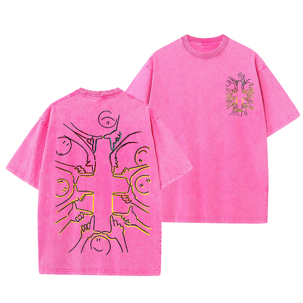Christianartworkshop Einheitskreuz Menschliche Figur Linienkunst Unisex Gewaschenes T-Shirt - Rosa - 5XL - image 12