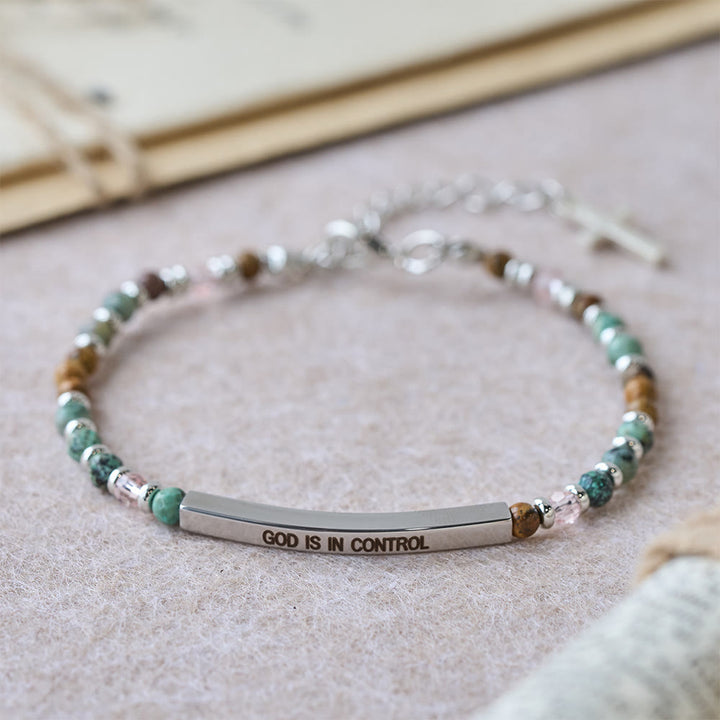 Christianartworkshop Armband aus natürlichem afrikanischem Türkis, Psalm 46:5: Graviertes Stab- und Steinperlen-Design - Gott hat die Kontrolle (Silber) - image 6