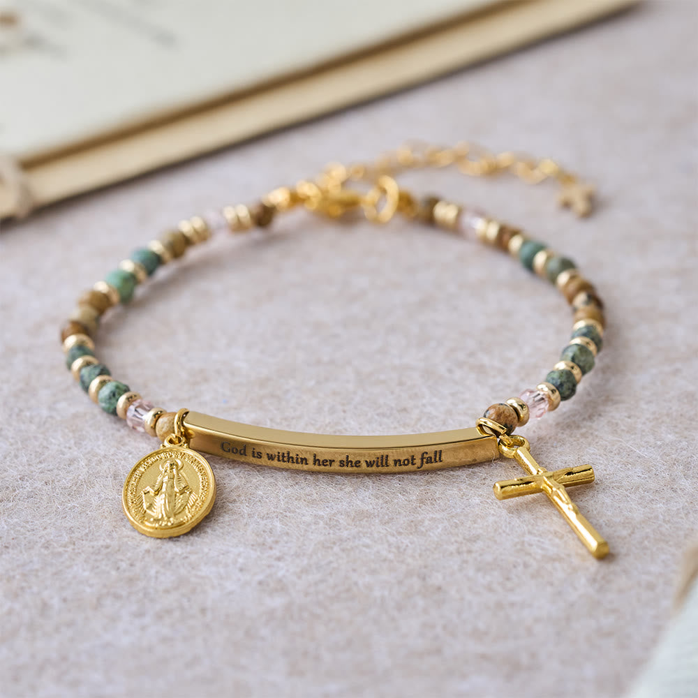 Christianartworkshop Armband aus natürlichem afrikanischem Türkis, Psalm 46:5: Graviertes Stab- und Steinperlen-Design - Gott ist in ihr, sie wird nicht fallen (Golden). - image 0