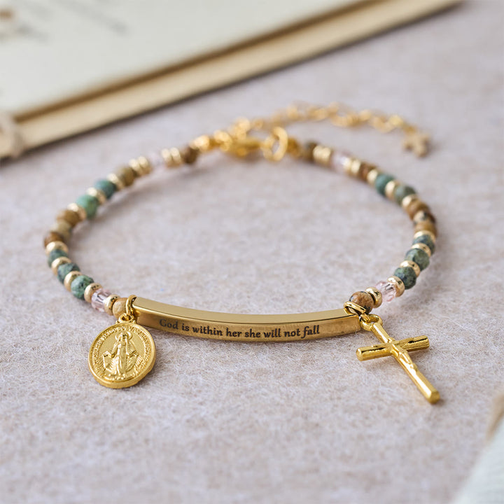 Christianartworkshop Armband aus natürlichem afrikanischem Türkis, Psalm 46:5: Graviertes Stab- und Steinperlen-Design - Gott ist in ihr, sie wird nicht fallen (Golden). - image 0